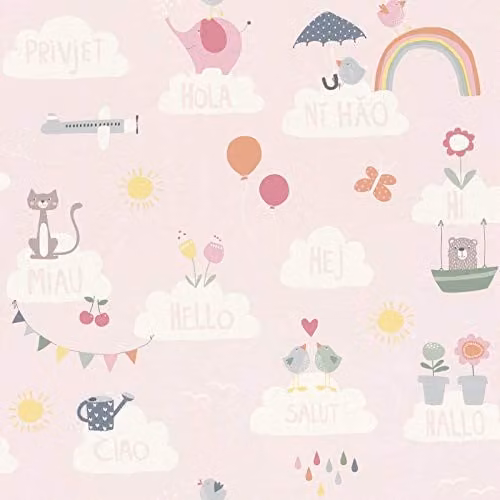 Rasch Hello Clouds Rainbow Birds Cats Butterfly Childrens Wallpaper in Pink, W: 53 cm, H: 10.05 m