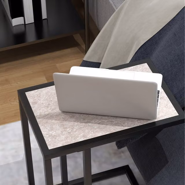 HOMCOM Modern C-Shape Side Table with Grey Marble-Effect Top