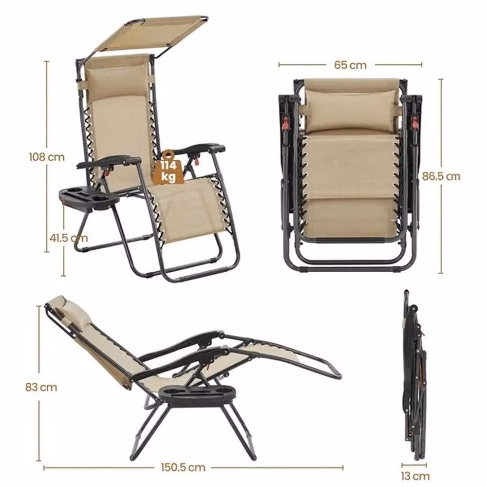 Kelvenix 2-Piece Zero Gravity Garden Chairs in Beige with Textilene Fabric, Sun Canopy, Adjustable Headrest and Side Tray – 2