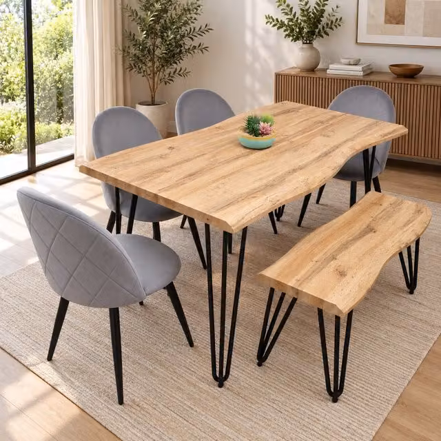 Kosy Koala Rustic Wood-Effect Rectangular Dining Table Set with 4 Grey Velvet Chairs and Bench in Brown
