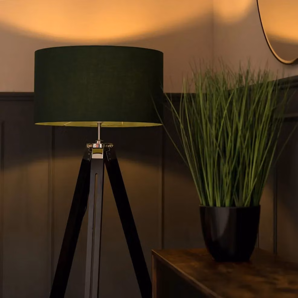 ValueLights Clipper Tripod Floor Lamp with Green Fabric Cylinder Shade in Black and Metallic Silver, Height: 128 cm – 3