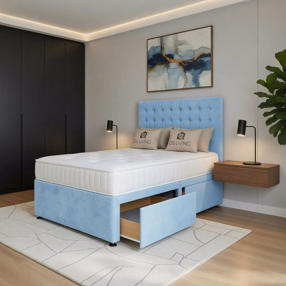 DS Living Casia Super King Drawer Bed in Sky Blue Velvet Fabric – 2