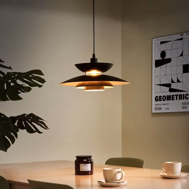 Wyld and Coco Mid-Century Black and Gold/Brass Tiered Metal Pendant Lamp – 1