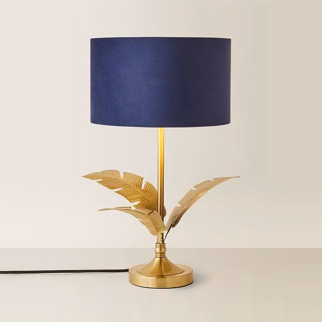 Christina Palm Leaf Table Lamp with Blue Velvet and Gold Metallic Shade