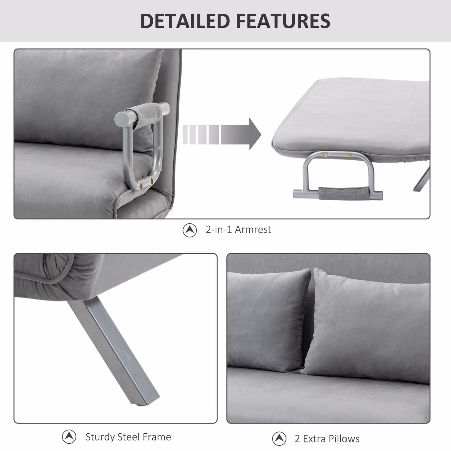 HOMCOM Two-Seater Click-Clack Sofa Bed in Grey with Metal Frame and Removable Fabric Covers – 4