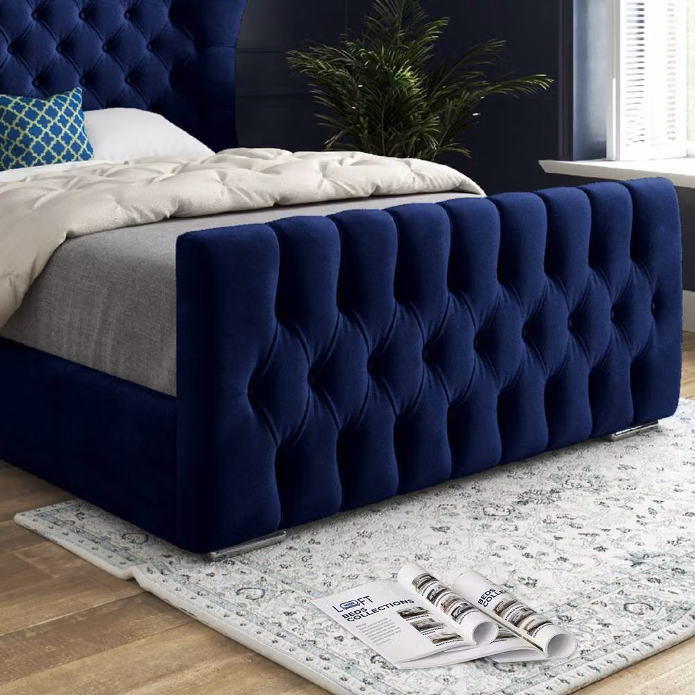 KDMD Skegness Single Designer Bed Frame in Blue Soft Velvet with Wide Curved Upholstered Headboard W/D/H: 200 x 90 x 137 cm – 5