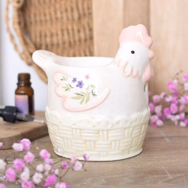 Kingsbury Gifts Hen Shaped Ceramic Oil Burner and Wax Warmer with Floral Design in Multicolour