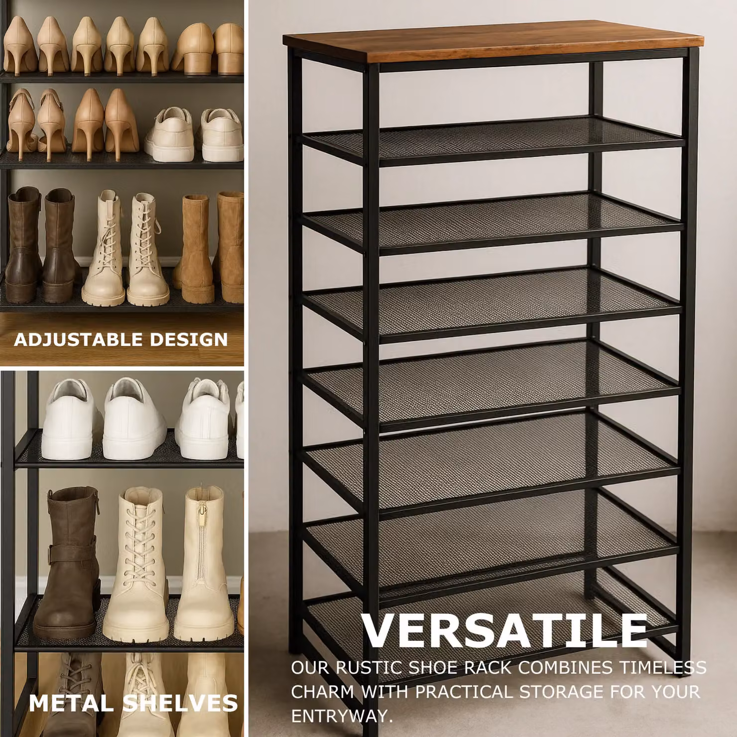 Rafaelo Mobilia 8-Tier Industrial Shoe Rack in Brown and Black with Detachable Mesh – 6