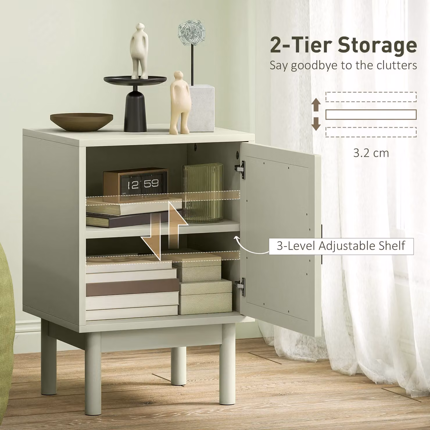 HOMCOM Boho Bedside Table with Rattan Door and Adjustable Shelf in Light Green – 3