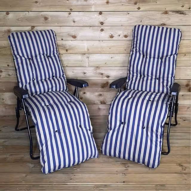 Samuel Alexander Pack of Two Maritime Blue Striped Padded Outdoor Garden Patio Recliners with Armrests