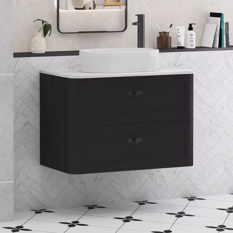 Royal Bathrooms Henley 800mm Matt Nocturne Black Wall Hung 2 Drawer Vanity Unit with Lyon Basin and Matt Black Knob