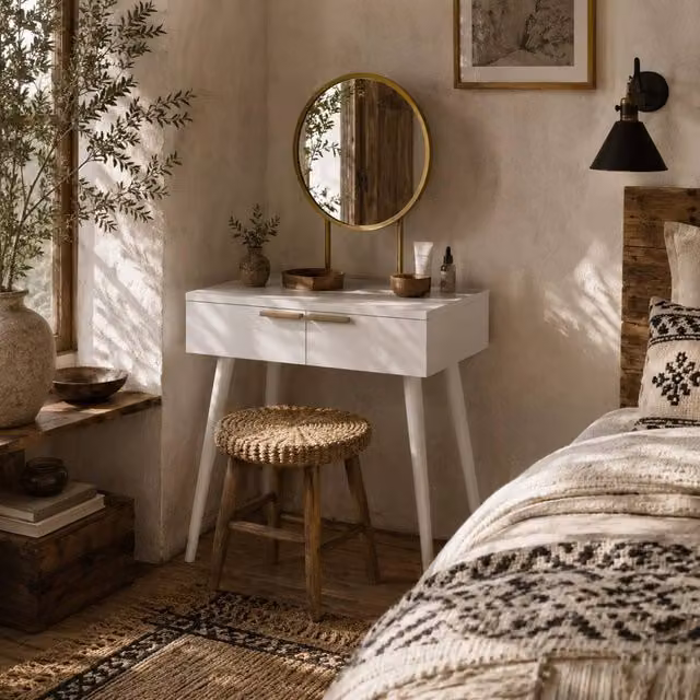 Wyld Haus Sovaha White Dressing Table with Round Mirror and Two Drawers W/D/H: 60 x 40 x 123 cm