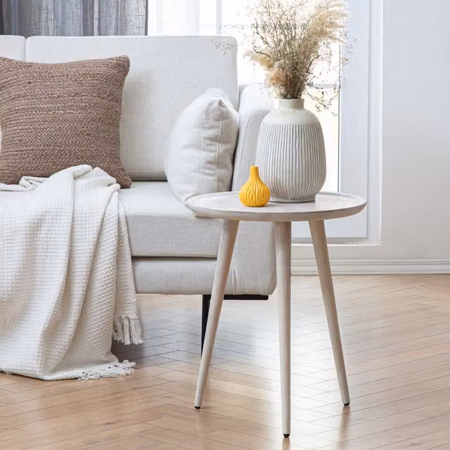MH London Electra Mid-Century Round Wood Side Table in Grey and Beige