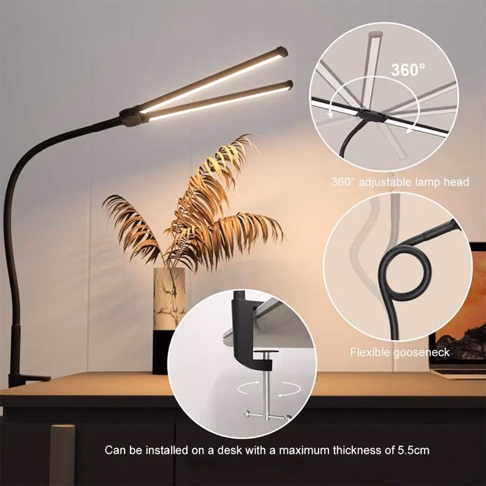 EONLION Double Head LED Desk Lamp in Black, Dimmable and Adjustable Tabletop Task Light – 3