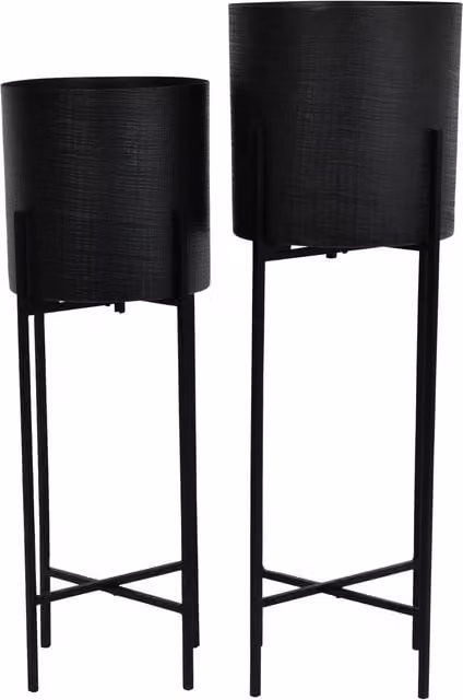 Libra Interiors Clyde Set of 2 Modern Round Metal Floor Standing Planters in Matt Black – 1