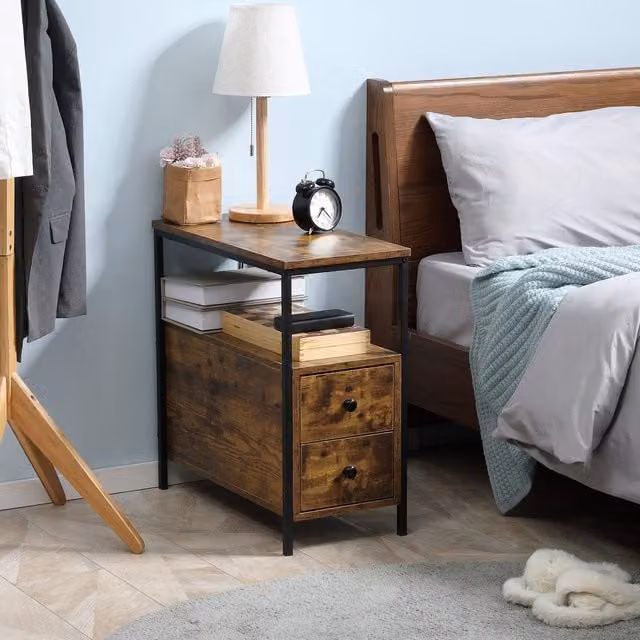 HOMCOM Industrial Side Table with 2 Drawers and Storage Shelf in Brown