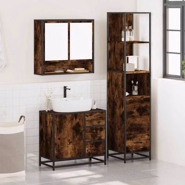 Berkfield Home 3 Piece Industrial Bathroom Furniture Set in Brown Smoked Oak with Mirror Cabinet, Vanity Unit and Tall Cabinet