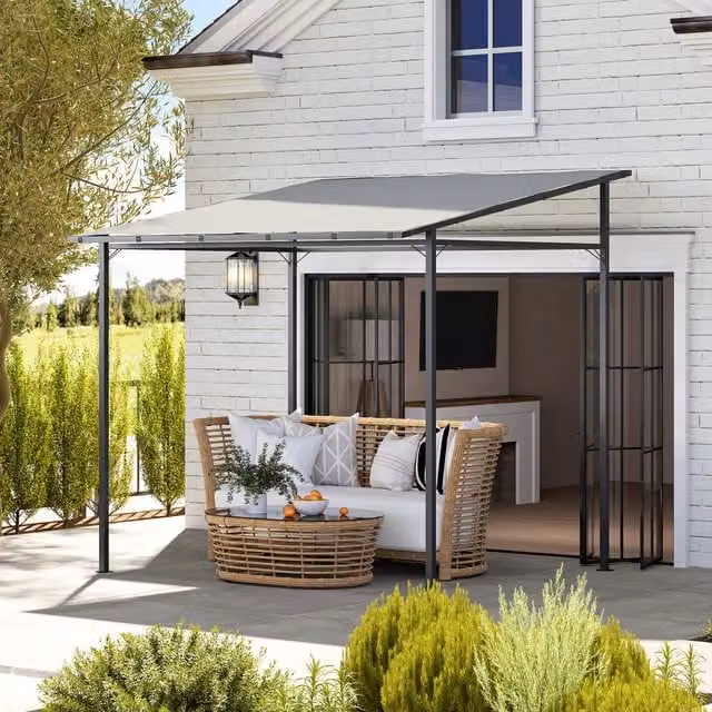 Outsunny Wall Mounted Lean-to Pergola Gazebo, Light Grey, W/D/H: 240 x 240 x 240 cm