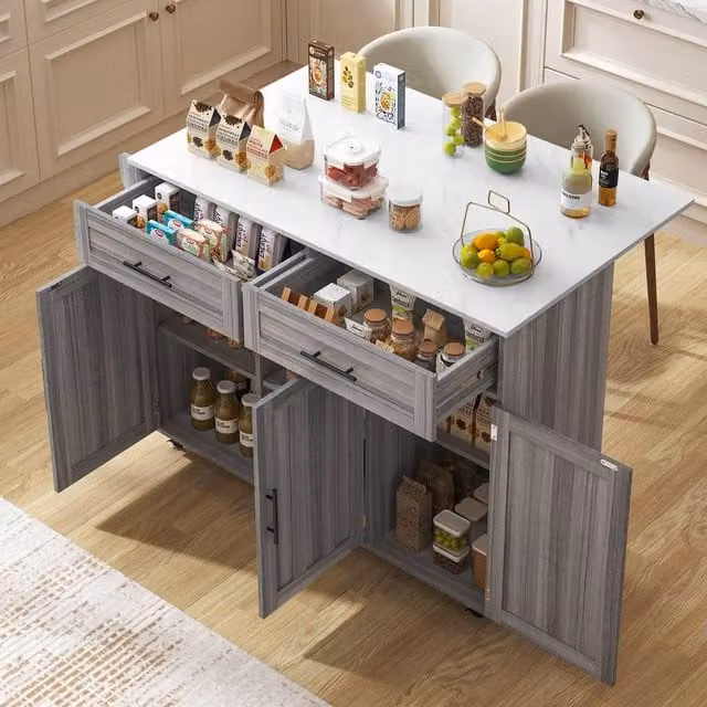 Rolipo Grey Rolling Kitchen Island with Foldable Tabletop and Cabinets, Width: 129 cm – 1