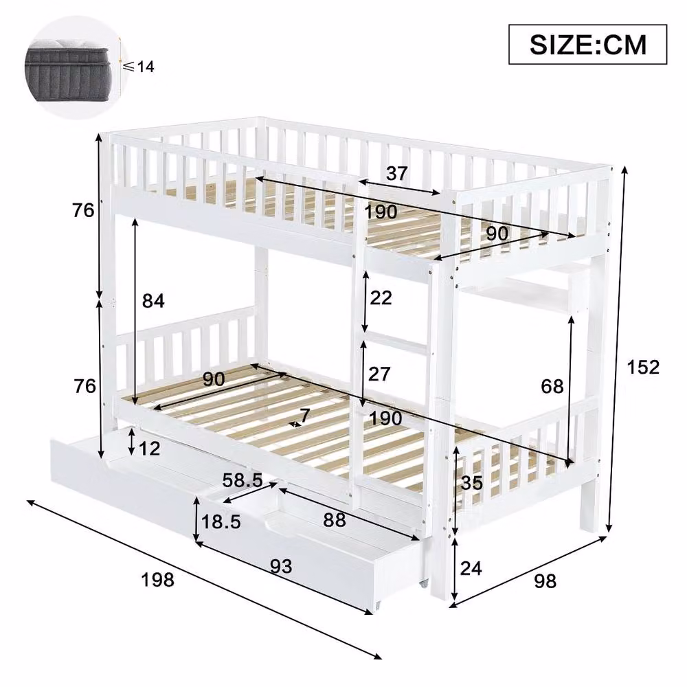 Rolipo White Solid Pine Kids Bunk Bed with Storage Drawers and Bedside Shelf, W/D/H: 90 x 190 cm – 2