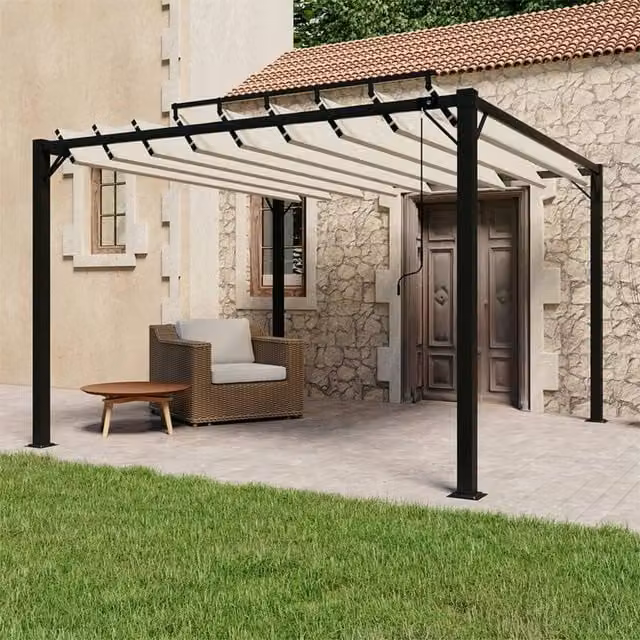 Berkfield Home Gazebo with Louvered Roof in Beige Aluminium and Cream Fabric, W: 300 cm, D: 300 cm, H: 300 cm – 1