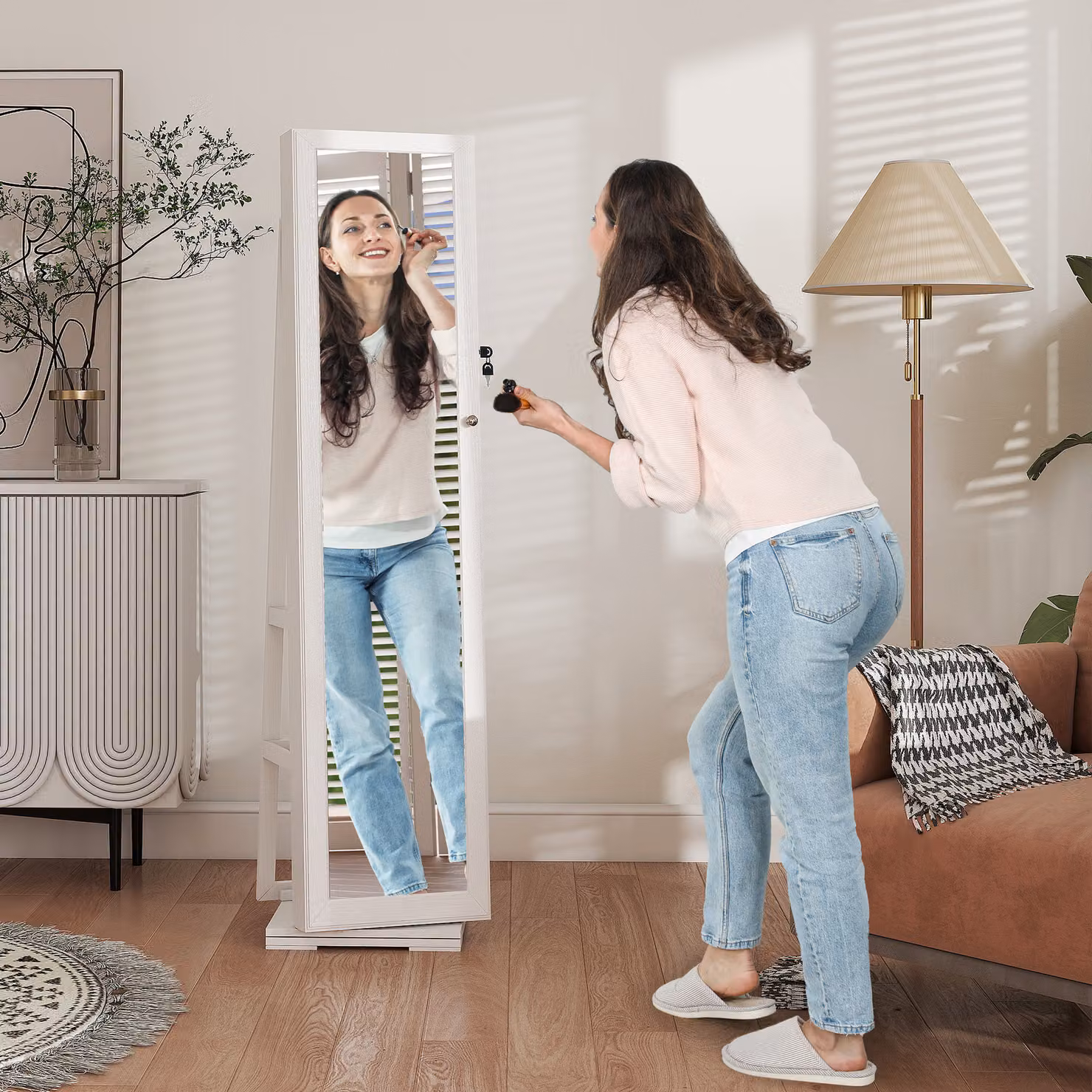 HOMCOM Lockable Jewellery Cabinet with Full-Length Mirror and Internal Shelves, White, H: 160.0 x W: 38.0 x D: 19.5 cm – 2