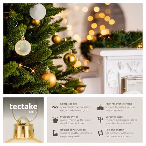 tectake 24-Pack Christmas Baubles in White and Gold with Glossy, Matt, Glittery and Transparent Finishes – 2