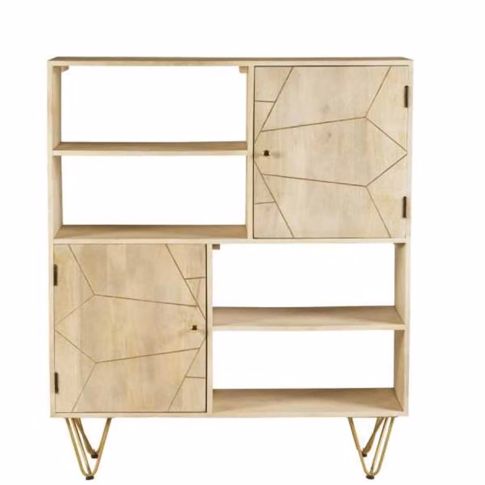 Wyld Haus Bali Light Gold Display Cabinet in Brown with 2 Glass Doors and 4 Shelves, H 135 x W 120 x D 40 cm – 2