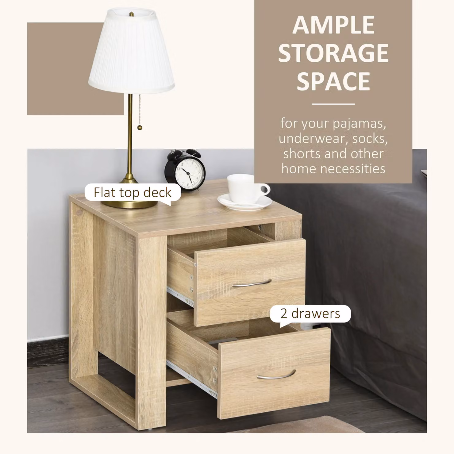 HOMCOM Set of 2 Brown Bedside Tables with 2 Drawers, Handles and Elevated Base – 2