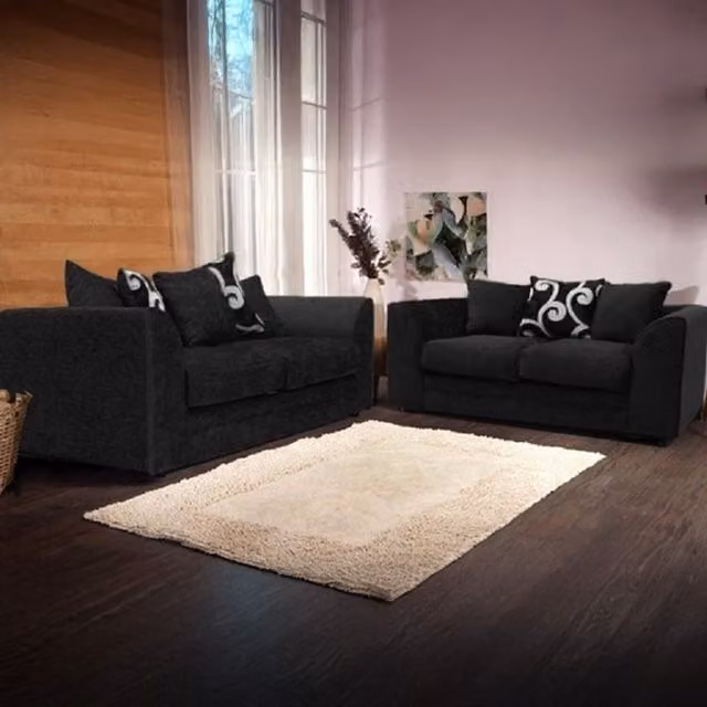 Furniture786ltd Dynasty Black Chenille Fabric 3 and 2 Seater Sofa Set with Scatter Cushions