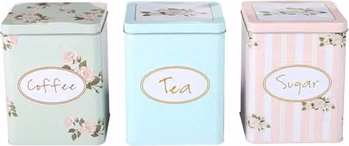 Simpa Shabby Chic Metal Tea, Sugar and Coffee Canister Set with Floral Design in Green and Blue, H 15 cm x W 11 cm x D 11 cm – 1