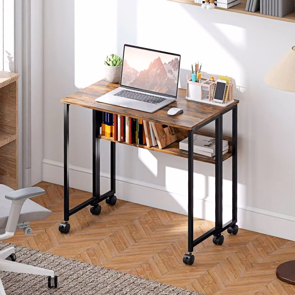 STILVORA Drop Leaf Writing Desk with Castors in Rustic Brown – 2