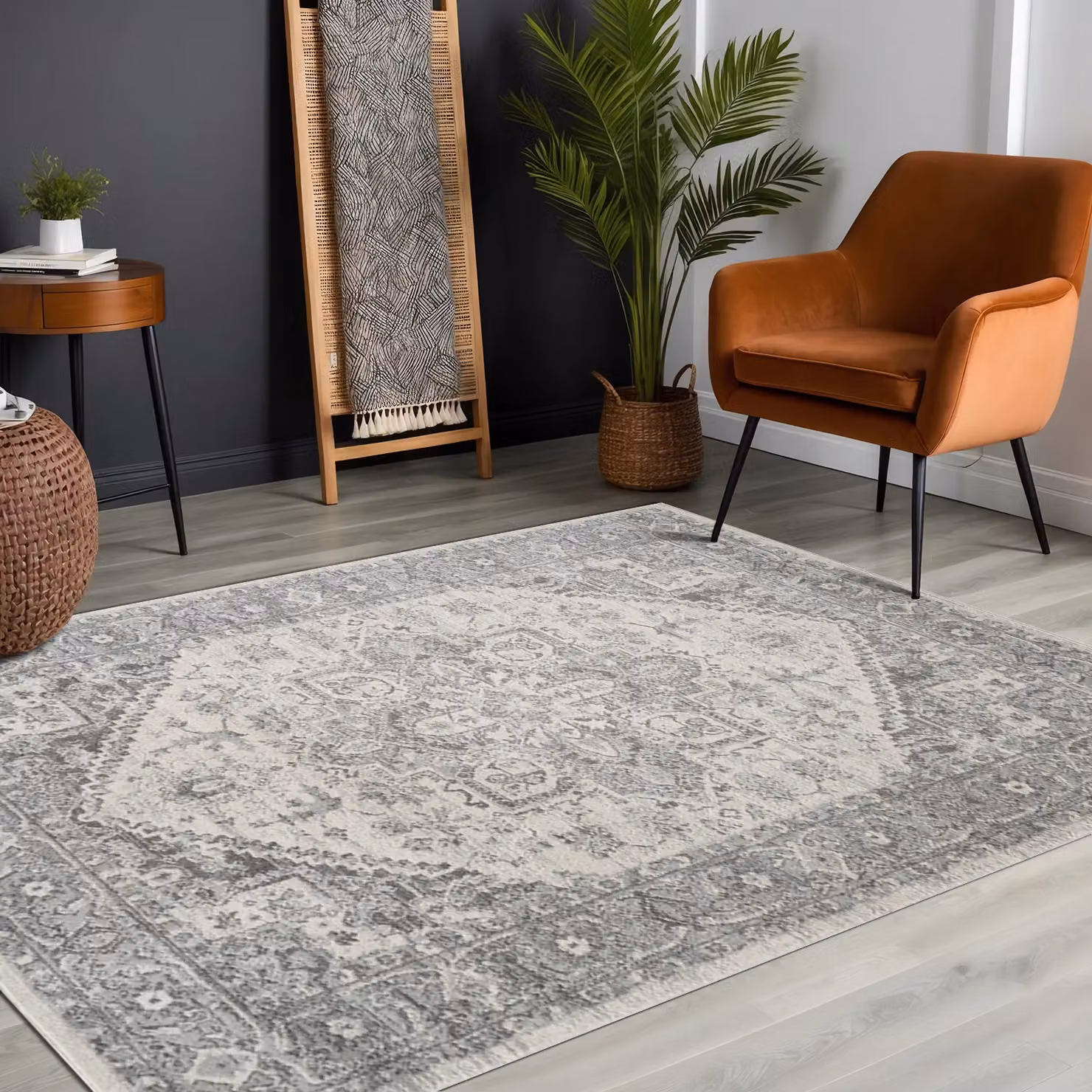 Livabliss Chester Vintage Grey and White Traditional Boho Rectangular Rug, W: 80 cm, L: 220 cm – 3