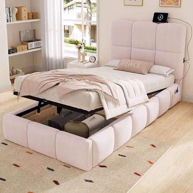 BTM Pink Upholstered Single Ottoman Bed Frame with Hydraulic Lift-Up Storage Base, W/D/H: 190 x 90 x 34.4 cm – 1