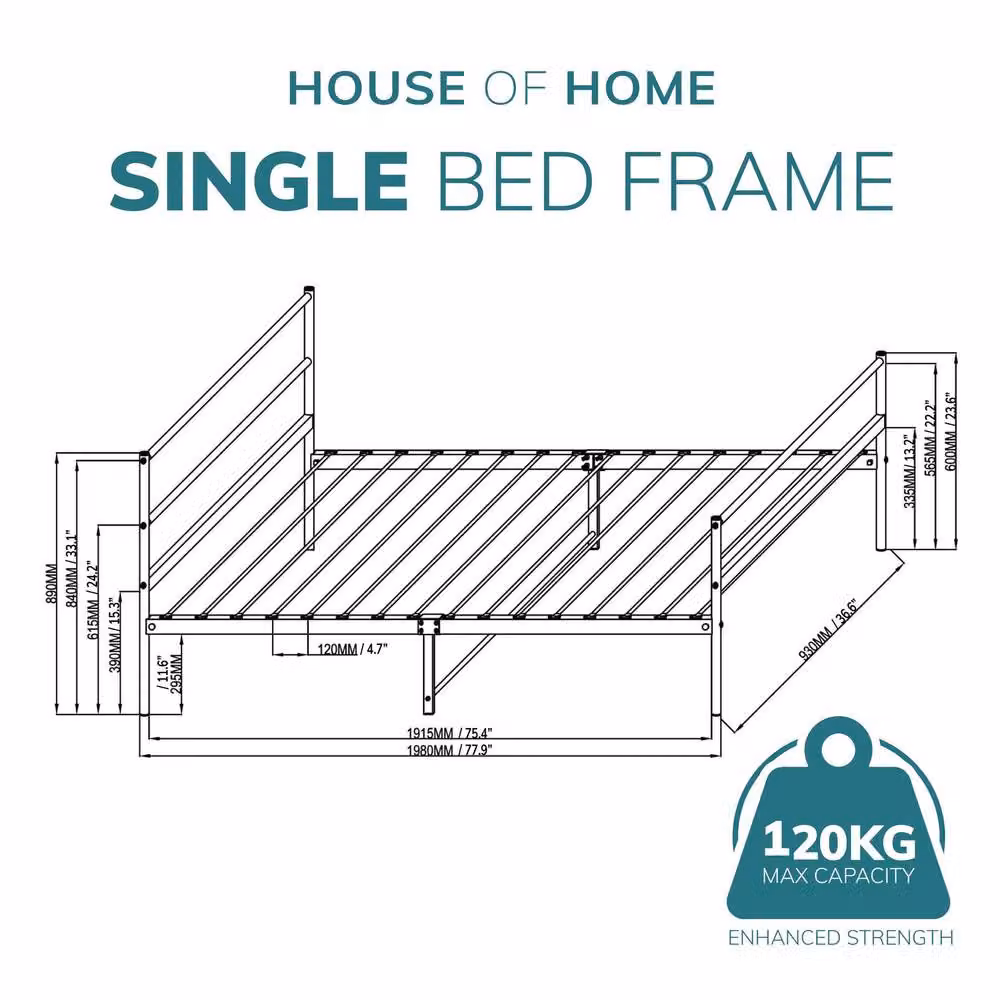 House of Home Single Metal Bed Frame in Black, W/D/H: 90 x 190 cm – 2