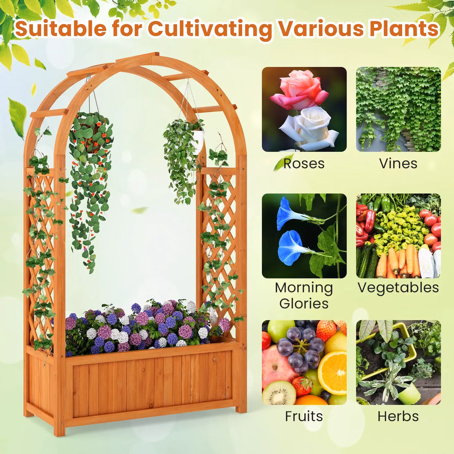 Gymax Wooden Raised Garden Bed with Arch Planter Box and Trellis, Brown – 2