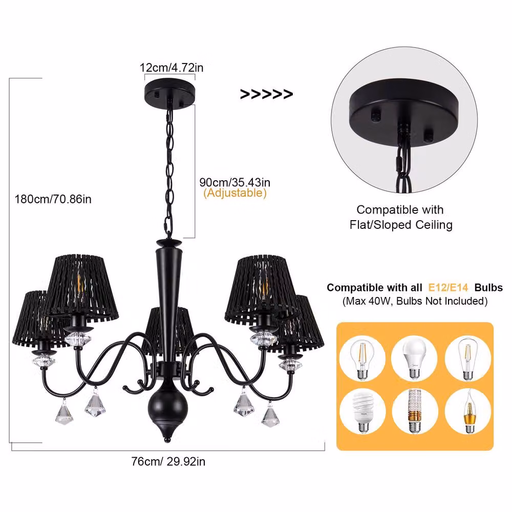 NIVOR 5 Light Dimmable Classic Traditional Crystal Chandelier in Black – 2