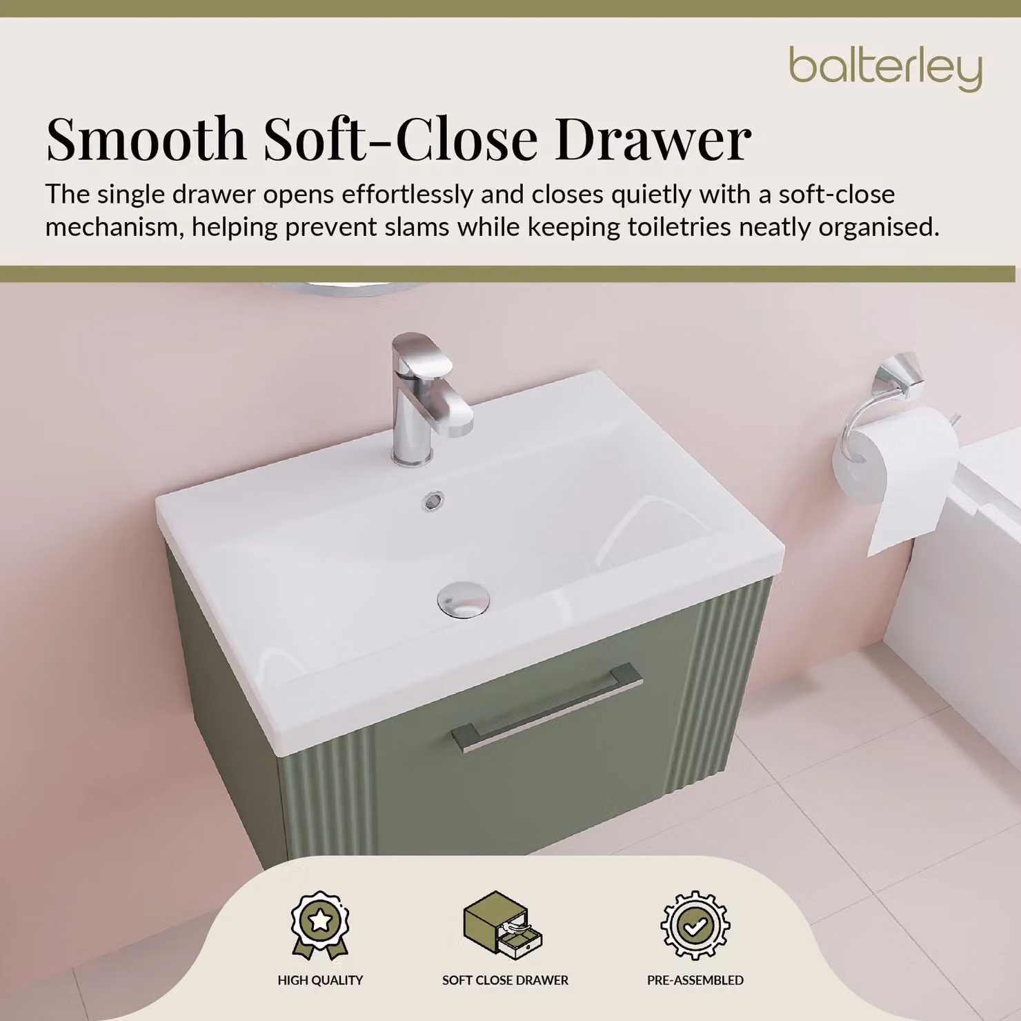 Balterley Wall Hung 1 Drawer Vanity Unit with Mid-Edge Basin, Satin Green, W: 60 cm, D: 39.9 cm, H: 60 cm – 3