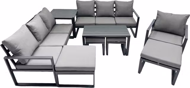 Fimous Modern Powder Coated Aluminium 3 Seater Outdoor Lounge Set in Dark Grey with Coffee Table and 4 Ottomans – 1