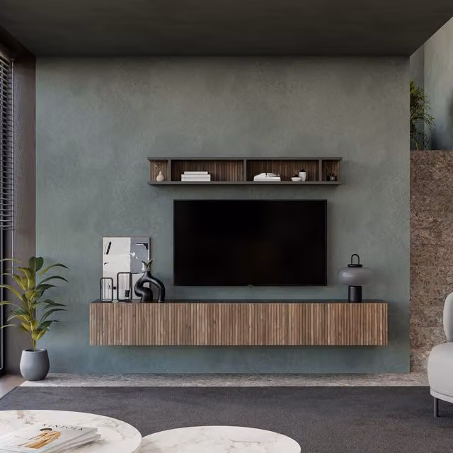 Decorotika Albi Black Modern Wall Mounted Entertainment Center with Geometric Pattern and Internal Shelves