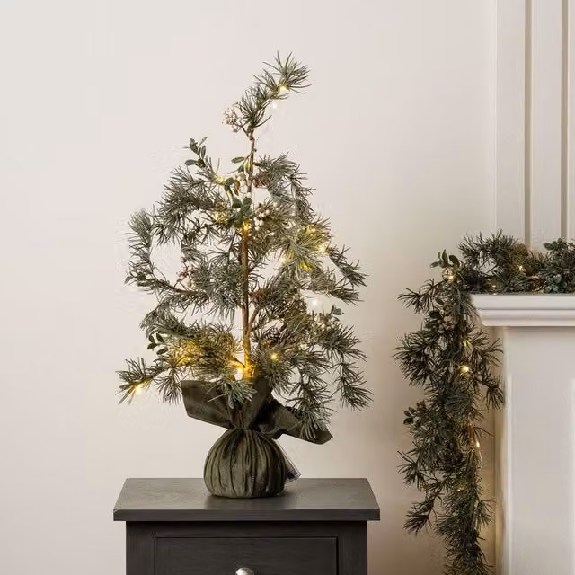 Scottish Everlastings Ltd 60cm Natural Feel Tabletop Christmas Tree with Lights and Green Velvet Base