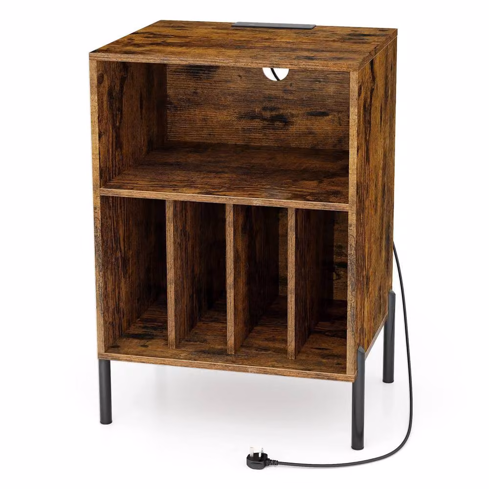 Costway Brown Wooden Vinyl Record Player Stand with Charging Station and Media Compartments – 5