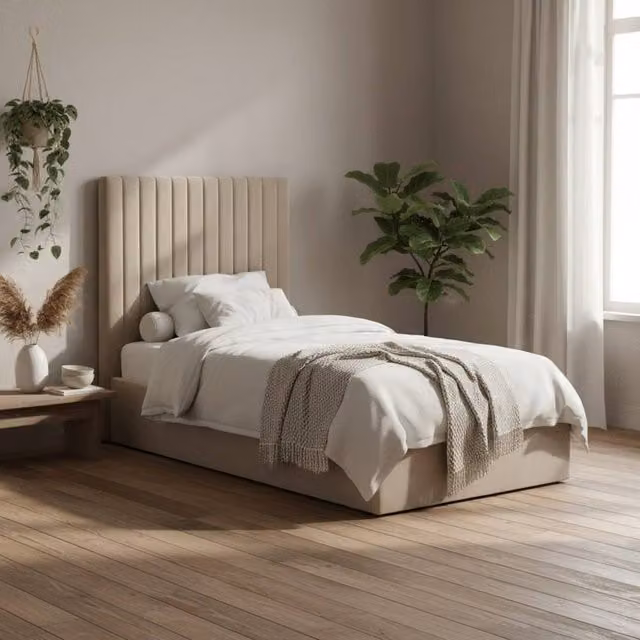 Wyld Haus Dublin Single Ottoman Bed in Beige Velvet with Tall Ribbed Headboard, W/D/H: 90 x 190 cm – 1