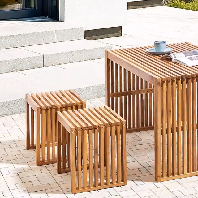 Wyld and Coco Set of 2 Acacia Wood Stools in Brown with Light Oil Finish