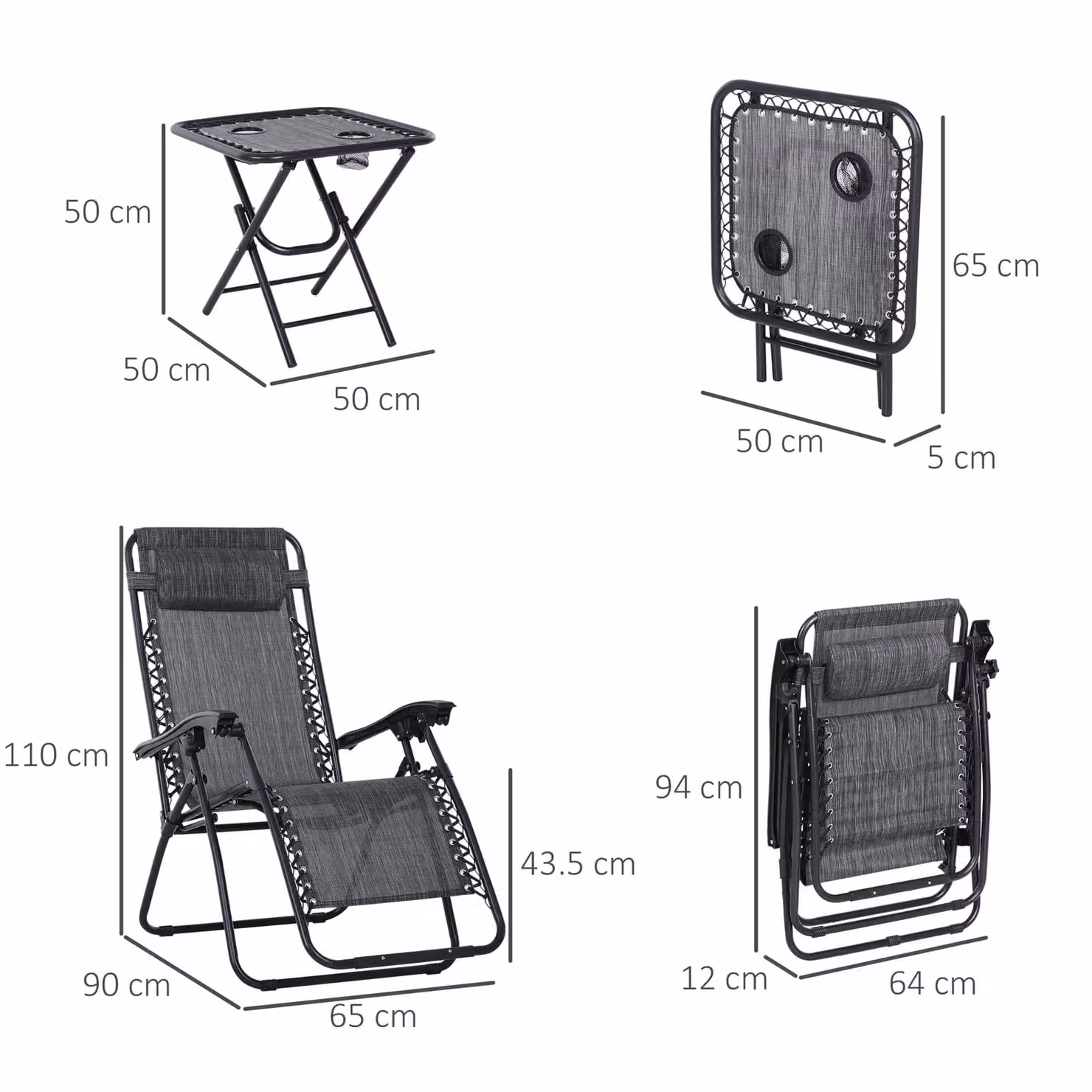Outsunny 3-Piece Zero Gravity Folding Sun Lounger and Table Set in Light Grey with Adjustable Headrests and Cup Holders – 3