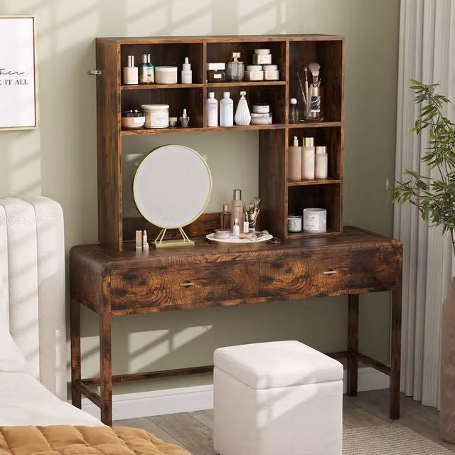 COSTWAY Rustic Brown Wood Wall Mounted Bookshelf with Adjustable Shelves and Back Panel