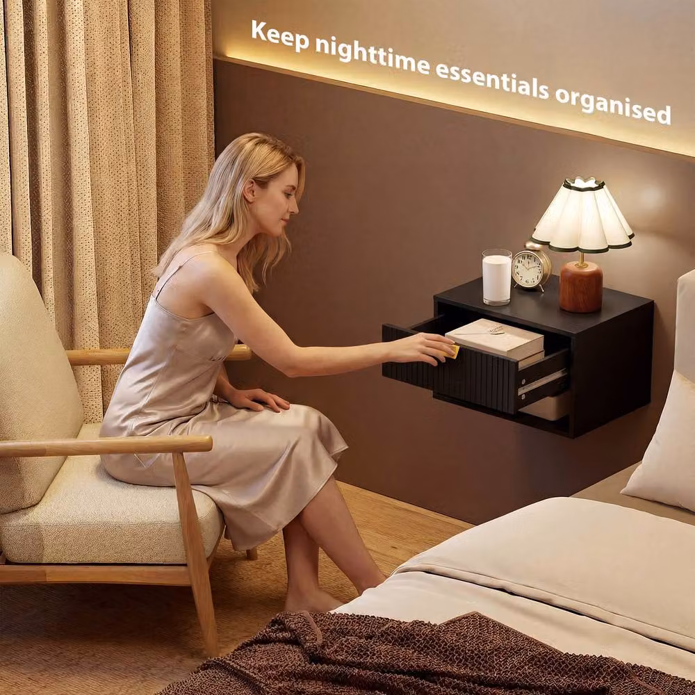 STILVORA Wall Mounted Nightstand Set with Fluted Drawer in Black – 5