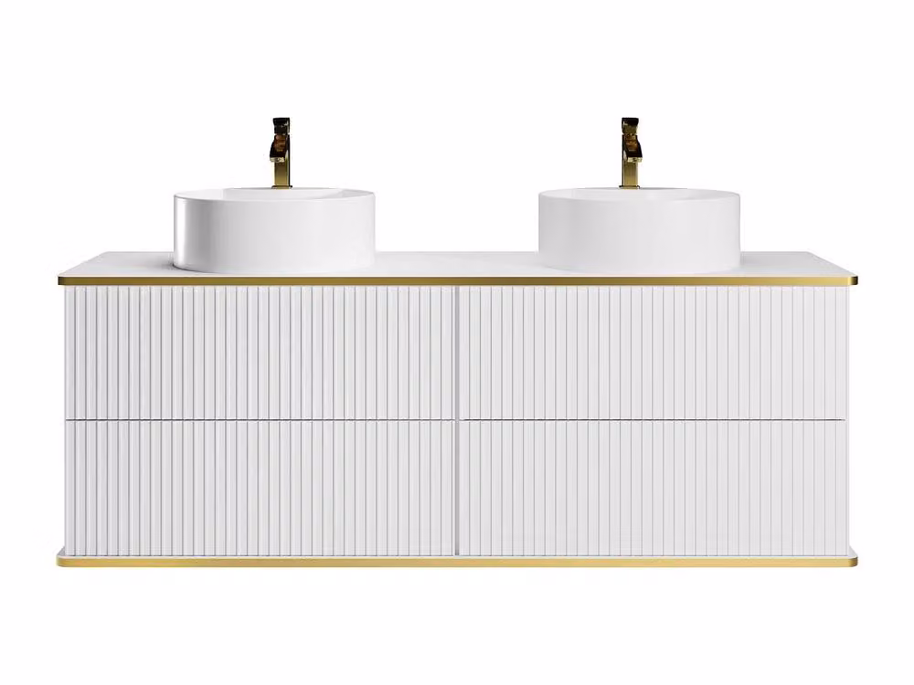 Vente-unique Suspended Grooved Bathroom Furniture with Gold Trim and Double Countertop in White, W/D/H: 150 x 47 x 54 cm – 2