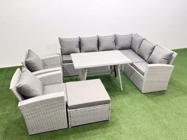 Fimous 9 Seater Rattan Garden Furniture Set with Dining Table in Light Grey
