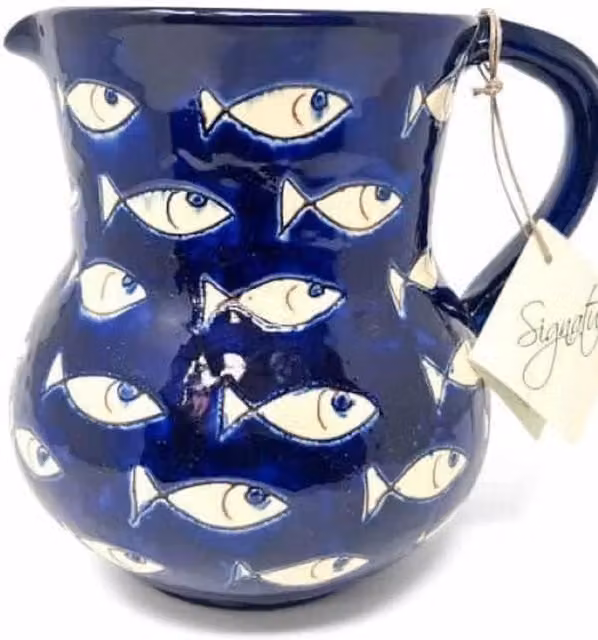 Verano Spanish Ceramics Signature Blue and White Fish Hand Painted Ceramic Small Pourer Jug, 0.5 l – 1